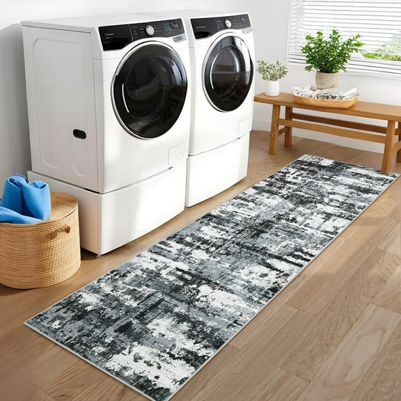 Garvee 2'x6' Modern Abstract Runner Rugs, Machine Washable Rug Print Pattern Non Slip Hallway Floor Carpet, Low Pile Indoor Foldable Rug for Bedroom Entryway Kitchen, Gray and Black