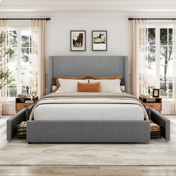 Garvee Modern Boho Upholstered Platform Bed with 4 Storage Drawers  Corduroy Tufted Wingback Headboard, Sturdy Wood Slats, Noise-Free, Easy Assembly  Queen Size, Grey