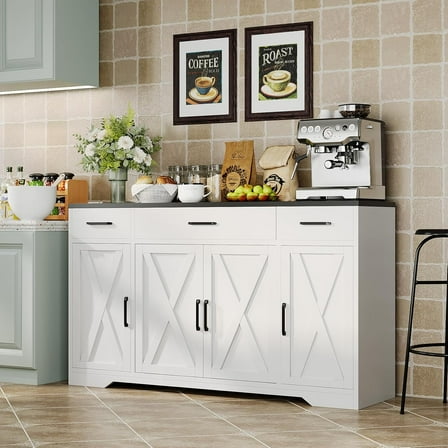 Garvee Modern Buffet Sideboard Kitchen Storage Cabinet with 3 Drawers, 55" Large Wood Farmhouse Coffee Bar Cabinet for Living Room, Dining Room & Hallway