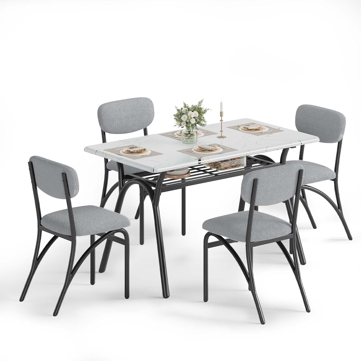 Modern Gray and Marble Dining Table Set with Boucle Chairs