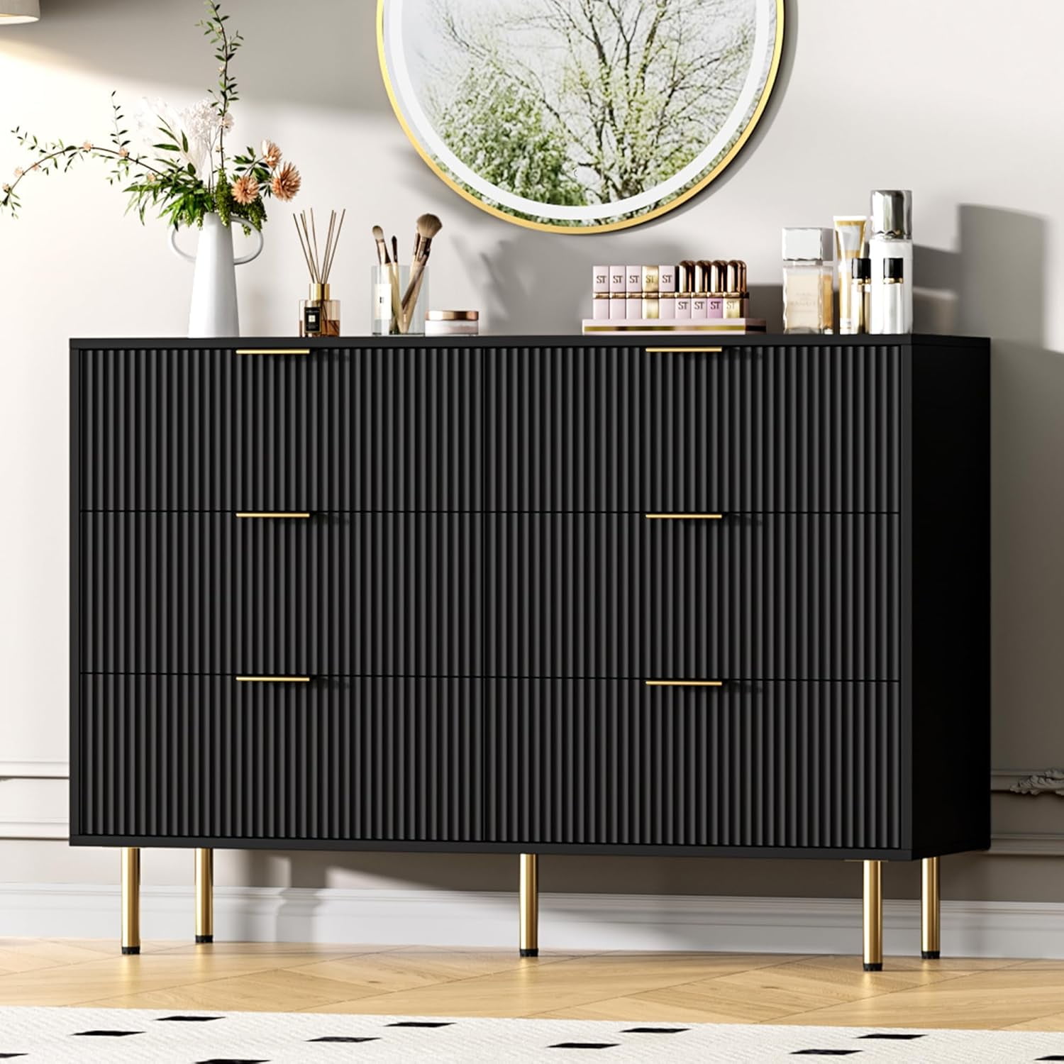 Garvee Modern Fluted 6-Drawer Dresser – Large Black Wood Chest of ...