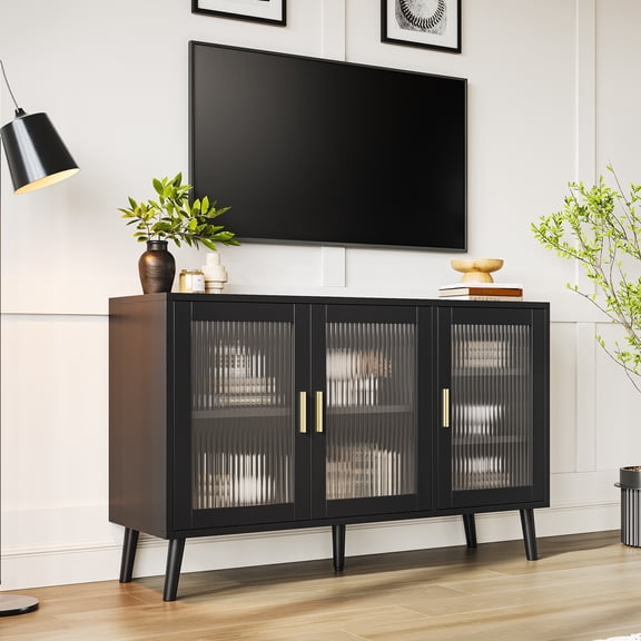 Garvee Modern Fluted Glass Sideboard Buffet Cabinet with Storage - 48 Inch Dining Room Console - Versatile for Kitchen, Living Room, TV Stand or Hallway Accent Table - Color: Black