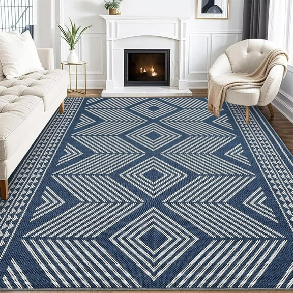 Garvee Modern Geometric Area Rug 10'x13' Soft Farmhouse Rug Low Pile Non-Slip Large Accent Rug for Living Room Bedroom, Blue