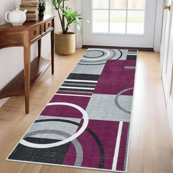 Garvee Modern Geometric Area Rugs 2'x6' Hallway Rugs, Abstract Washable Rug Non-Slip Soft Indoor Throw Carpet Stain Resistant Rug for Bedroom Kitchen Laundry Bathroom, Purple