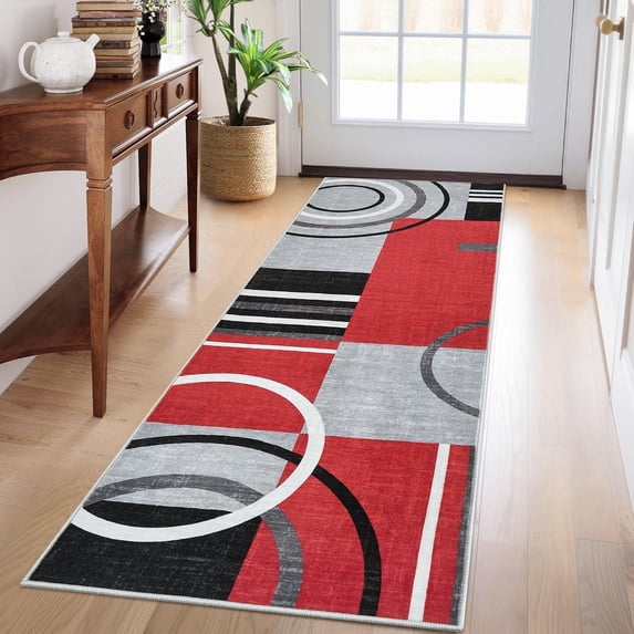 Garvee Modern Geometric Area Rugs 2'x6' Hallway Rugs, Abstract Washable Rug Non-Slip Soft Indoor Throw Carpet Stain Resistant Rug for Bedroom Kitchen Laundry Bathroom, Red