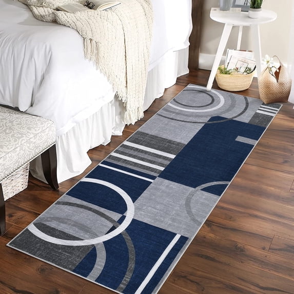 Garvee Modern Geometric Area Rugs 2'x8' Hallway Rugs, Abstract Washable Rug Non-Slip Soft Indoor Throw Carpet Stain Resistant Rug for Bedroom Kitchen Laundry Bathroom, Dark Blue