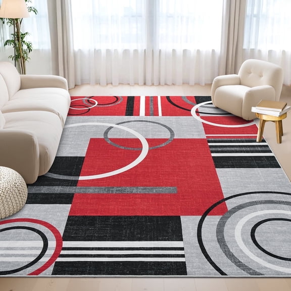 Garvee Modern Geometric Area Rugs 5'x7' Living Room Rugs, Abstract Washable Rug Non-Slip Soft Indoor Throw Carpet Stain Resistant Rug for Dining Room Bedroom, Red