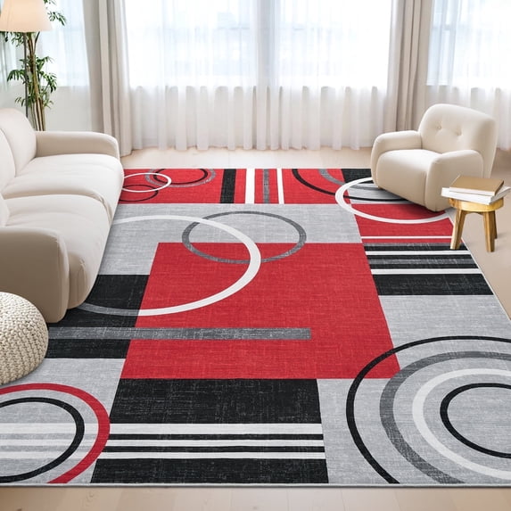 Garvee Modern Geometric Area Rugs 6'x9' Living Room Rugs, Abstract Washable Rug Non-Slip Soft Indoor Throw Carpet Stain Resistant Rug for Dining Room Bedroom, Red