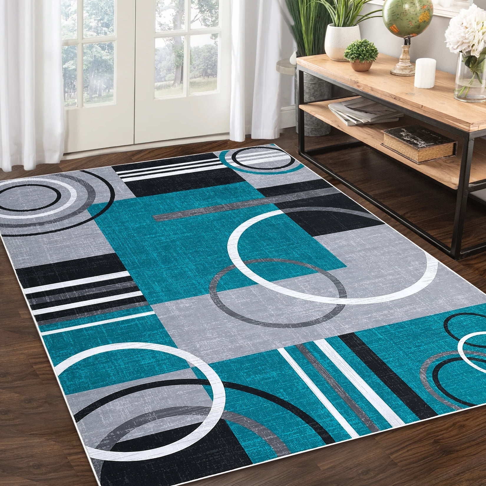 Garvee Modern Geometric Area Rugs 9'x12' Living Room Rugs, Abstract Washable Rug Non-Slip Soft Indoor Throw Carpet Stain Resistant Rug for Dining Room Bedroom, Blue Green