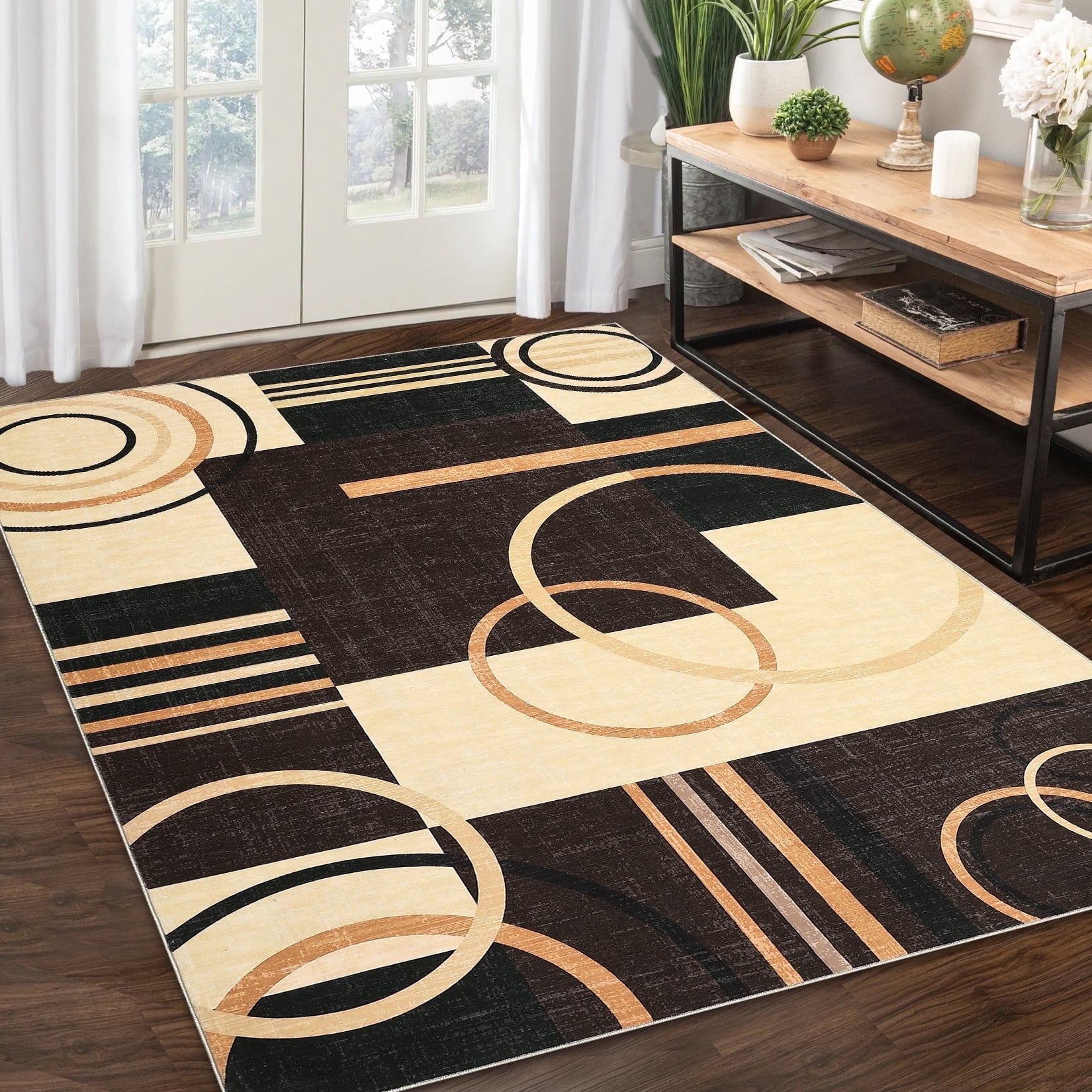 Garvee Modern Geometric Area Rugs 9'x12' Living Room Rugs, Abstract Washable Rug Non-Slip Soft Indoor Throw Carpet Stain Resistant Rug for Dining Room Bedroom, Brown