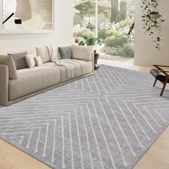 Garvee Modern Geometric Stripe Area Rug 4'x6' Washable Rug Non-Slip Stain Resistant Indoor Carpet for Living Room Bedroom Office Dining Room, Light Gray