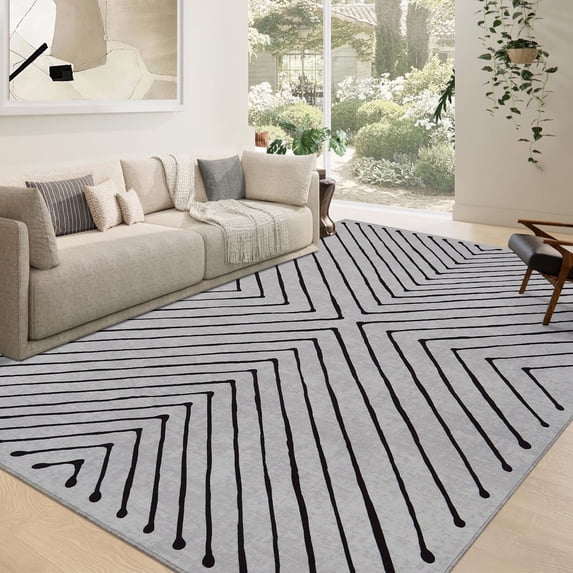 Garvee Modern Geometric Stripe Area Rug 5'x7' Washable Rug Non-Slip Stain Resistant Indoor Carpet for Living Room Bedroom Office Dining Room, Beige