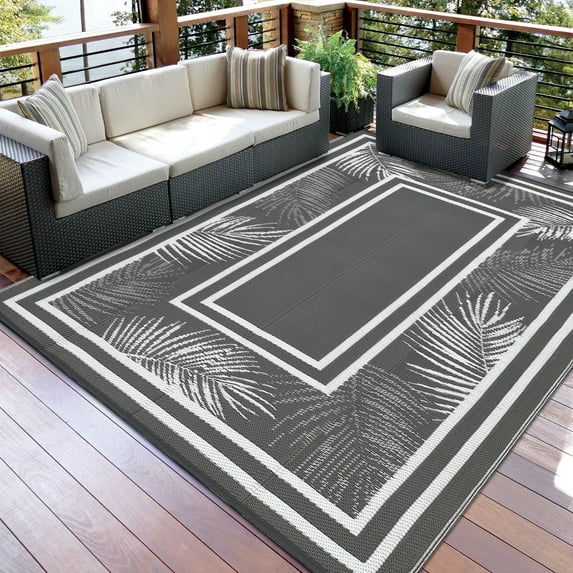 Garvee Modern Leaf Outdoor Rug, 9'x18' Waterproof Plastic Straw Mat Reversible Camping Carpet Indoor Outdoor Portable RV Carpet for Patio, Deck, Backyard, Picnic, Gray and White