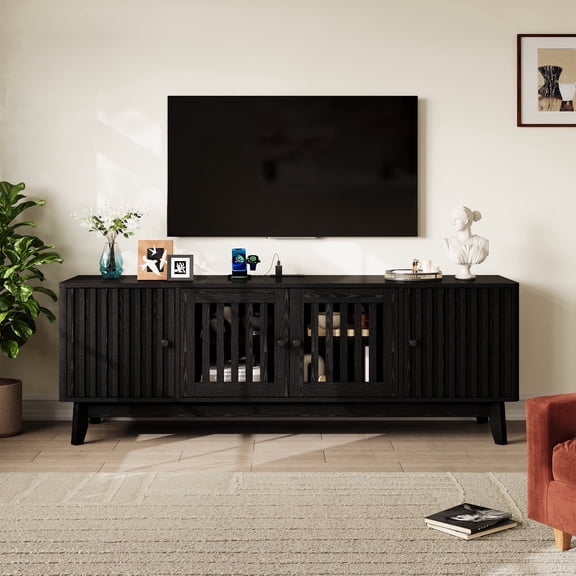 Garvee Modern TV Stand for TVs up to 70 Inch, Wood Entertainment Center with Power Outlet & Charging Station, Media Console Cabinet with Fluted Grille Doors and Adjustable Shelves for Living Room