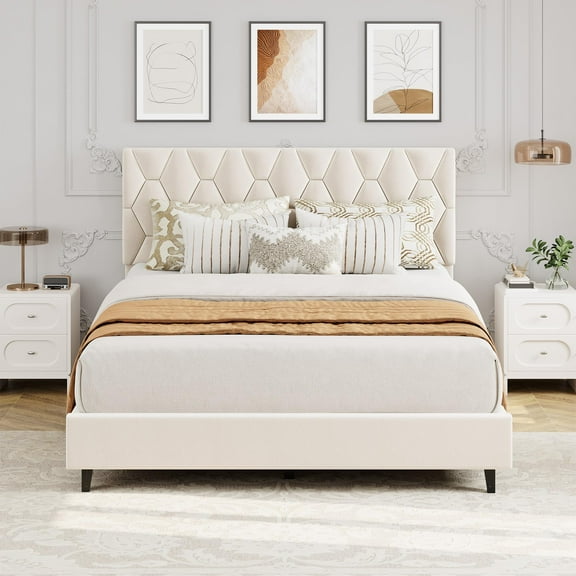 Garvee Modern Upholstered Platform Bed Frame with Adjustable Headboard for Home Office  Heavy Duty Wood Slats  Noise-Free  No Box Spring Needed  Easy Assembly  Ivory White, Full