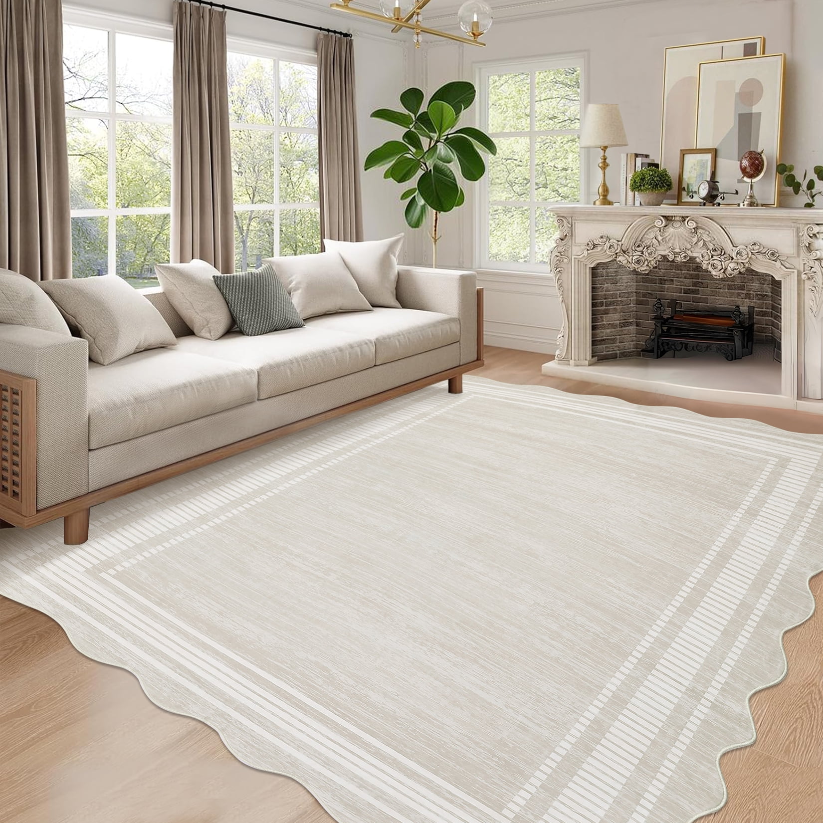 Garvee Modern Bordered Area Rugs, 8'x10' Abstract Aesthetic Soft Living Room Rug Irregular Non-Slip Low-Pile Scalloped Rugs Carpet for Bedroom Dining Room Home Office, Beige