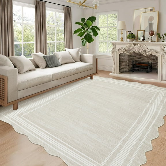 Garvee Modern Bordered Area Rugs, 8'x10' Abstract Aesthetic Soft Living Room Rug Irregular Non-Slip Low-Pile Scalloped Rugs Carpet for Bedroom Dining Room Home Office, Beige