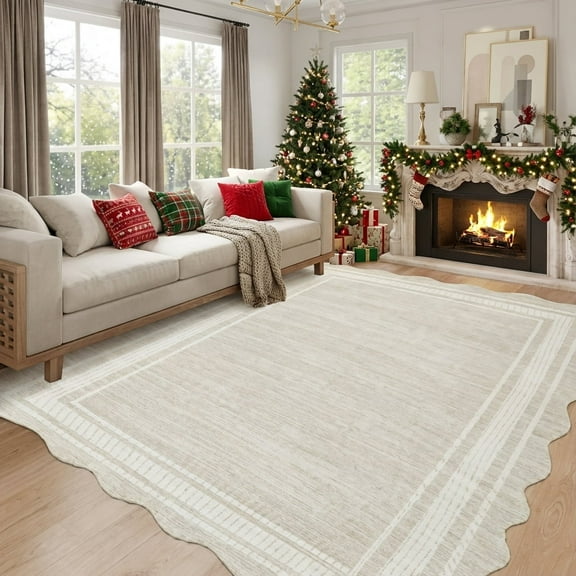 Garvee Modern Bordered Area Rugs, 8'x10' Abstract Aesthetic Soft Living Room Rug Irregular Non-Slip Low-Pile Scalloped Rugs Carpet for Bedroom Dining Room Home Office, Beige