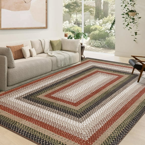 Garvee Modern Washable Braided Print Rugs, 10'x13' Non Slip Farmhouse Floor Carpet Boho Geometric Area Rug for Living Room Bedroom, Red and Black