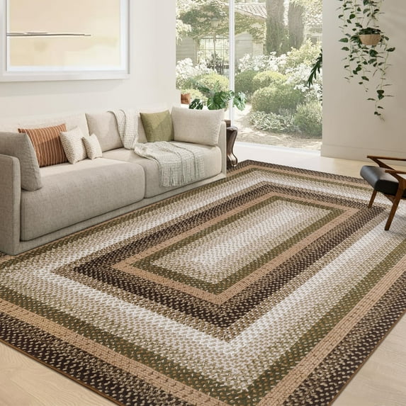 Garvee Modern Washable Braided Print Rugs, 3'x5' Non Slip Farmhouse Floor Carpet Boho Geometric Area Rug for Living Room Bedroom, Brown and Green