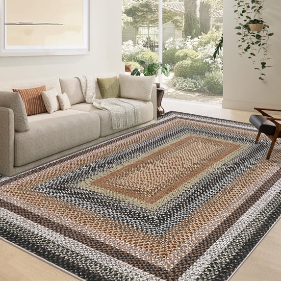 Garvee Modern Washable Braided Print Rugs, 3'x5' Non Slip Farmhouse Floor Carpet Boho Geometric Area Rug for Living Room Bedroom, Orange and Green