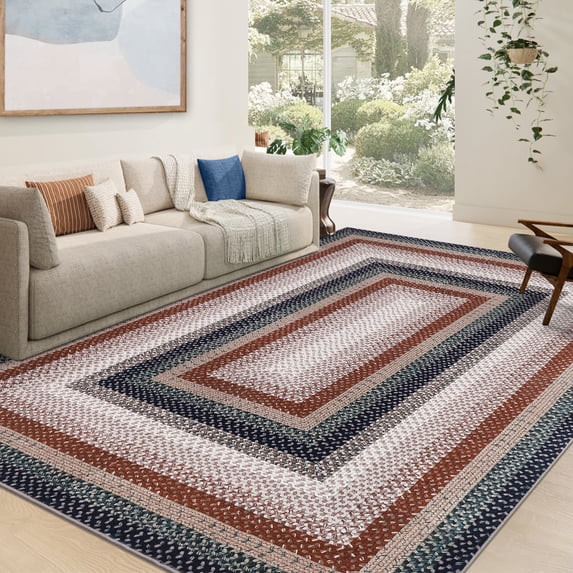 Garvee Modern Washable Braided Print Rugs, 5'x7' Non Slip Farmhouse Floor Carpet Boho Geometric Area Rug for Living Room Bedroom, Blue