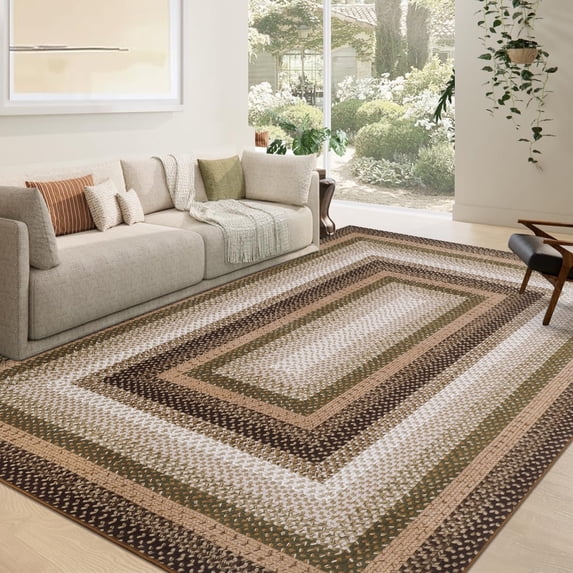 Garvee Modern Washable Braided Print Rugs, 6'x9' Non Slip Farmhouse Floor Carpet Boho Geometric Area Rug for Living Room Bedroom, Brown and Green