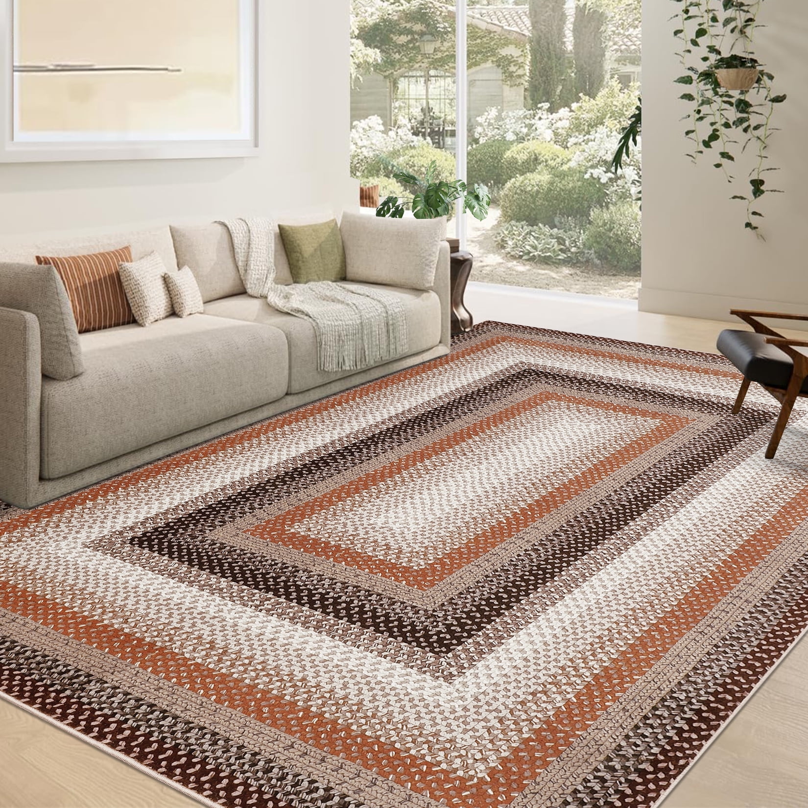 Garvee Modern Washable Braided Print Rugs, 6'x9' Non Slip Farmhouse Floor Carpet Boho Geometric Area Rug for Living Room Bedroom, Brown and Orange