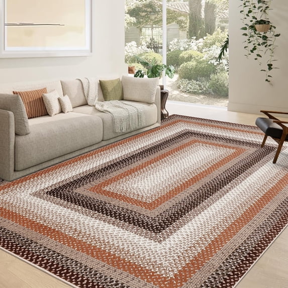 Garvee Modern Washable Braided Print Rugs, 6'x9' Non Slip Farmhouse Floor Carpet Boho Geometric Area Rug for Living Room Bedroom, Brown and Orange