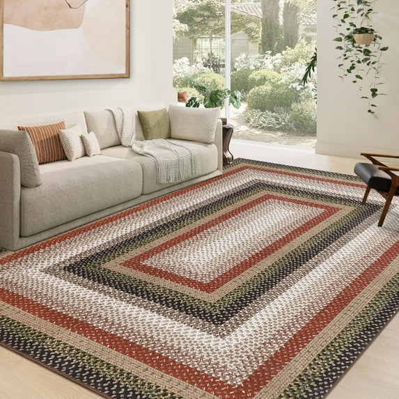 Garvee Modern Washable Braided Print Rugs, 8'x10' Non Slip Farmhouse Floor Carpet Boho Geometric Area Rug for Living Room Bedroom, Red and Black