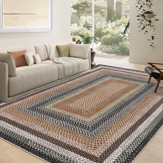 Garvee Modern Washable Braided Print Rugs, 9'x12' Non Slip Farmhouse Floor Carpet Boho Geometric Area Rug for Living Room Bedroom, Orange and Green