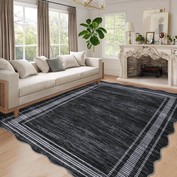 Garvee Modern Bordered Large Area Rugs, 9'x12' Abstract Aesthetic Soft Living Room Rug Irregular Non-Slip Low-Pile Scalloped Rugs Carpet for Bedroom Dining Room Home Office, Black
