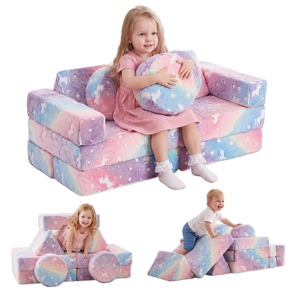 Garvee Modular Kids Play Couch for Toddlers, Soft Flannel Foam Play Sofa - Glow-in-the-Dark Lounge Seating for Playroom - Pink, Luminous Little Pony