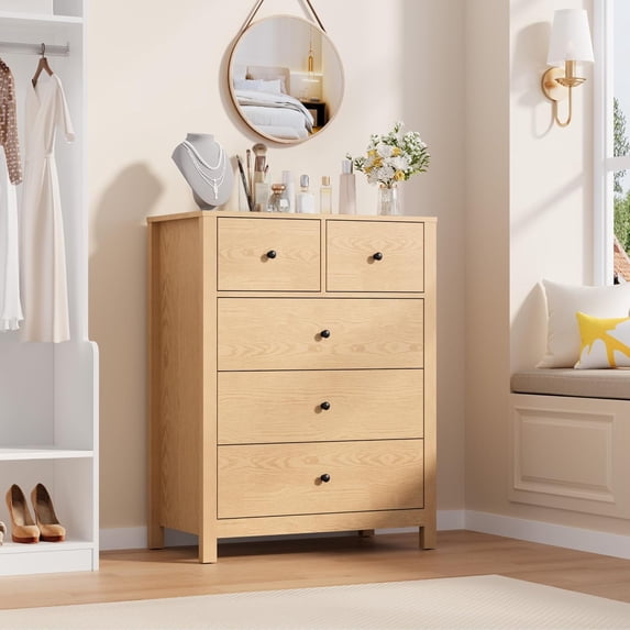 Garvee Natural Oak 5-Drawer Dresser for Bedroom, Modern Tall Dresser Organizer with Storage Drawers, Wooden Chest of Drawers for Bedroom, Entryway, Hallway, Home Office