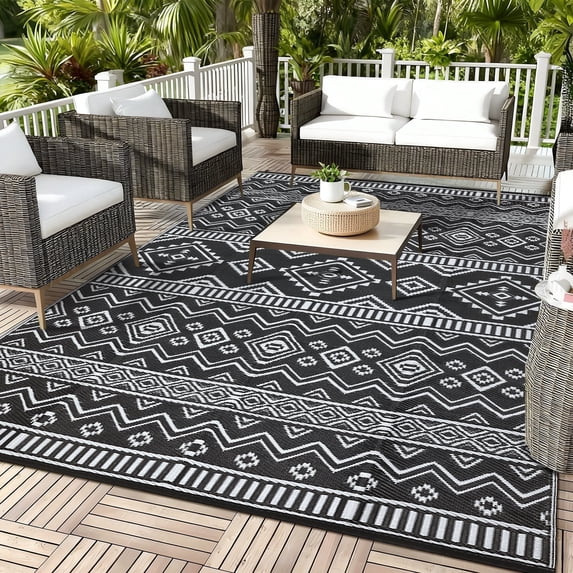 Garvee Outdoor Area Rug 10'x14' Waterproof Outdoor Carpet, Boho Plastic Straw Rug RV Mat for Picnic, Deck, Balcony, Beach, Patio, Black and White
