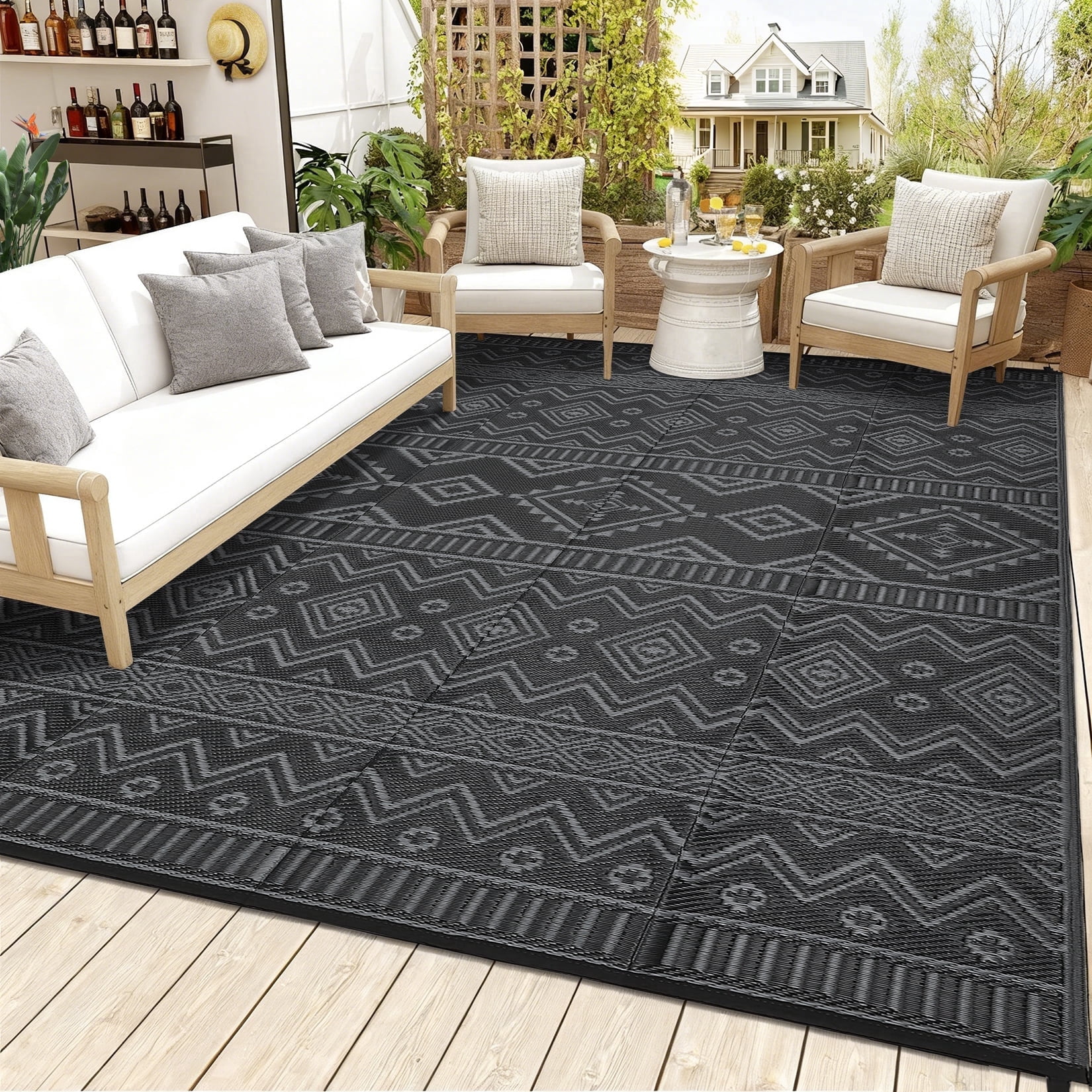 Garvee Outdoor Area Rug 8'x10' Waterproof Outdoor Carpet, Boho Plastic Straw Rug RV Mat for Picnic, Deck, Balcony, Beach, Patio, Black and Gray