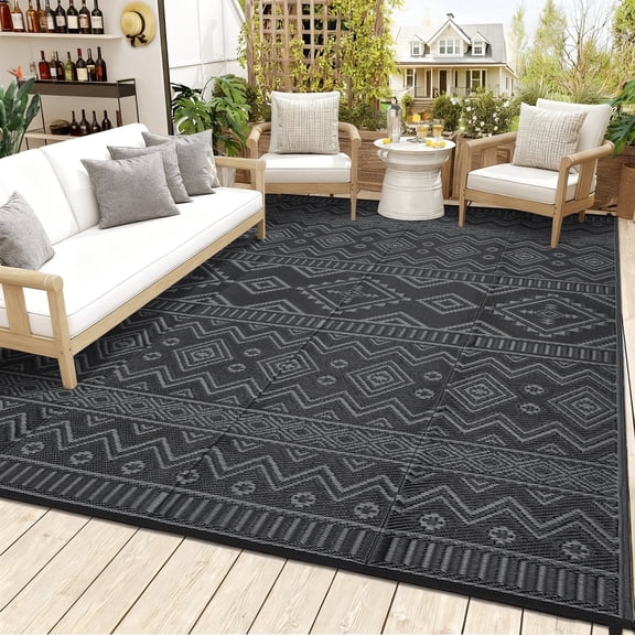 Garvee Outdoor Area Rug 8'x10' Waterproof Outdoor Carpet, Boho Plastic Straw Rug RV Mat for Picnic, Deck, Balcony, Beach, Patio, Black and Gray