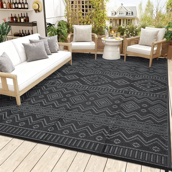 Garvee Outdoor Area Rug 8'x10' Waterproof Outdoor Carpet, Boho Plastic Straw Rug RV Mat for Picnic, Deck, Balcony, Beach, Patio, Black and Gray