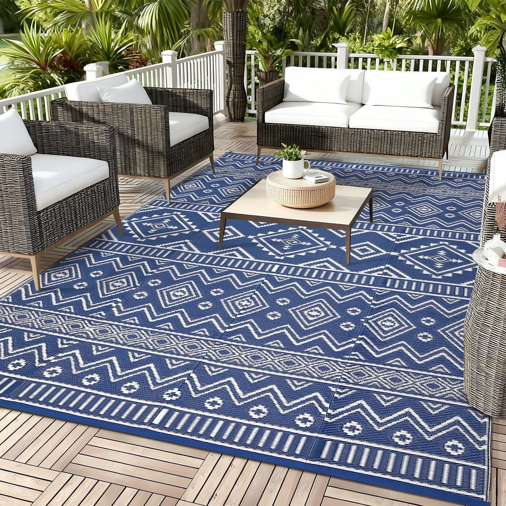 Garvee Outdoor Area Rug 8'x10' Waterproof Outdoor Carpet, Boho Plastic Straw Rug RV Mat for Picnic, Deck, Balcony, Beach, Patio, Dark Blue and White