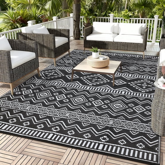 Garvee Outdoor Area Rug 9'x18' Waterproof Outdoor Carpet, Boho Plastic Straw Rug RV Mat for Picnic, Deck, Balcony, Beach, Patio, Black and White