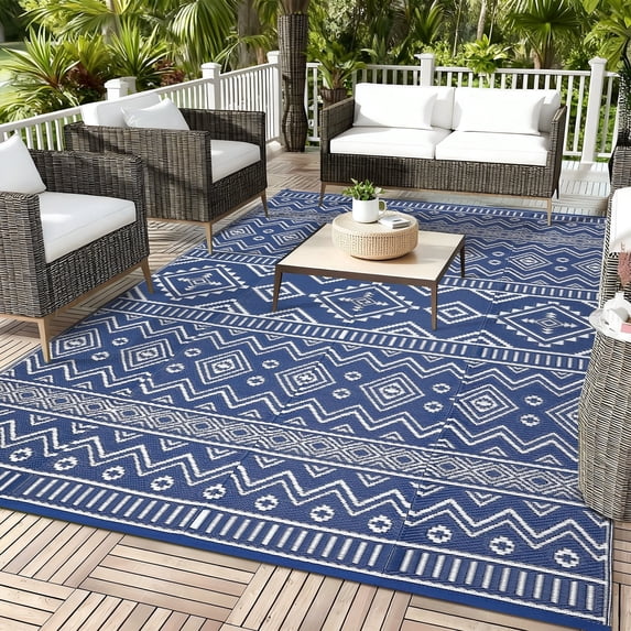 Garvee Outdoor Area Rug 9'x18' Waterproof Outdoor Carpet, Boho Plastic Straw Rug RV Mat for Picnic, Deck, Balcony, Beach, Patio, Dark Blue and White