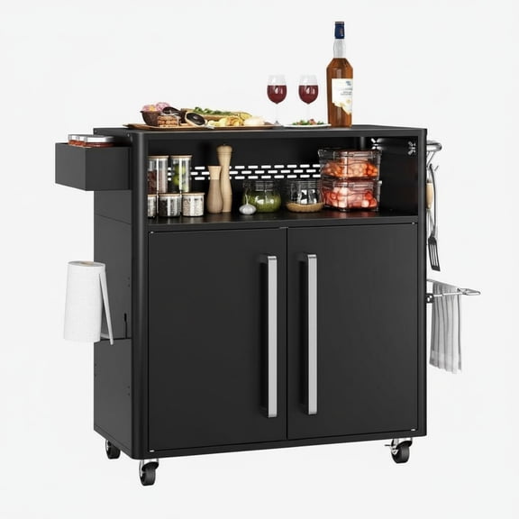 Garvee Outdoor Bar Cart with Storage 48.8 x 18.1 x 39.3", Movable Universal Wheels, 2 Doors, Black