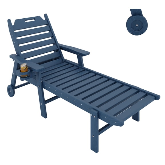 Garvee Outdoor Chaise Lounge 5 Position Adjustable with Rolling Wheels and Cup Holder, Blue