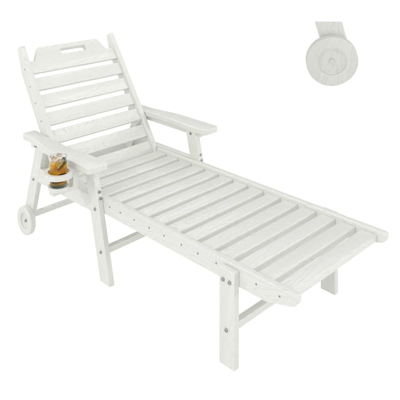 Garvee Outdoor Chaise Lounge 5 Position Adjustable with Rolling Wheels and Cup Holder, White
