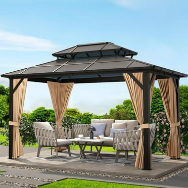 Garvee Outdoor Hardtop Gazebo, 10 x 13ft Heavy Duty Double Roof Gazebo with Netting & Sunshade Curtains for Patio, Terrace, Lawn, Brown