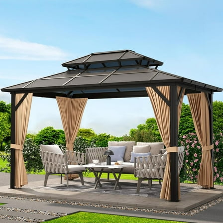 Garvee Outdoor Hardtop Gazebo, 10 x 13ft Heavy Duty Double Roof Gazebo with Netting & Sunshade Curtains for Patio, Terrace, Lawn, Brown