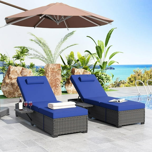Garvee Outdoor PE Wicker Chaise Lounge Set of 2, Patio Rattan Wicker Chaise Lounge Chair with Storage Table, Brown Pool Lounge Chairs Adjustable Backrest Recliners with Blue Cushion