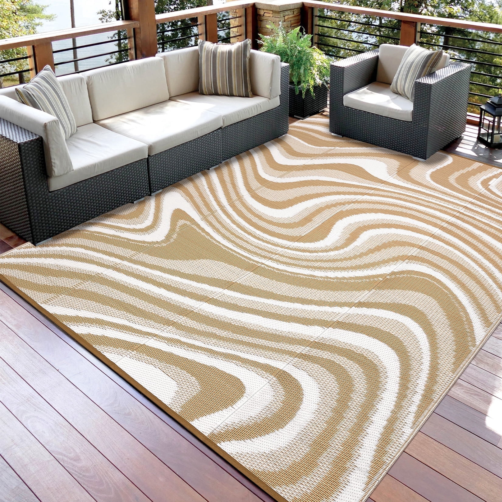 Garvee Outdoor Rug 10'x14' Abstract Plastic Area Rug Waterproof Reversible Outdoor Carpet, Plastic Straw Rug for Patio RV Camping Balcony Deck Backyard, Coffee