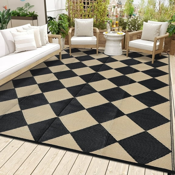 Garvee Outdoor Rug 10'x14' Waterproof Patio Rug, Portable Modern Geometric Plastic Outdoor Carpet for Camping, Deck, Backyard, Porch Decor, with Storage Bag, Black and Coffee