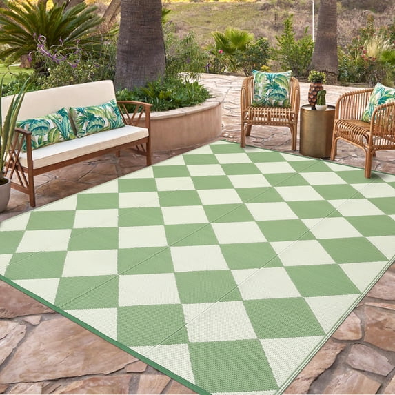 Garvee Outdoor Rug 10'x14' Waterproof Patio Rug, Portable Modern Geometric Plastic Outdoor Carpet for Camping,Deck, Backyard, Porch Decor, with Storage Bag, Green and Beige